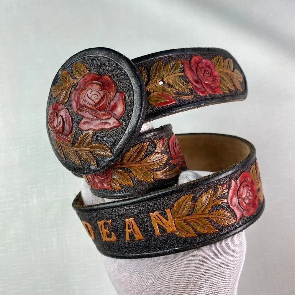 Hand Tooled LEATHER Western Belt "DEAN"! 3D Roses Personalized Handmade Sz 42 - Picture 2 of 16